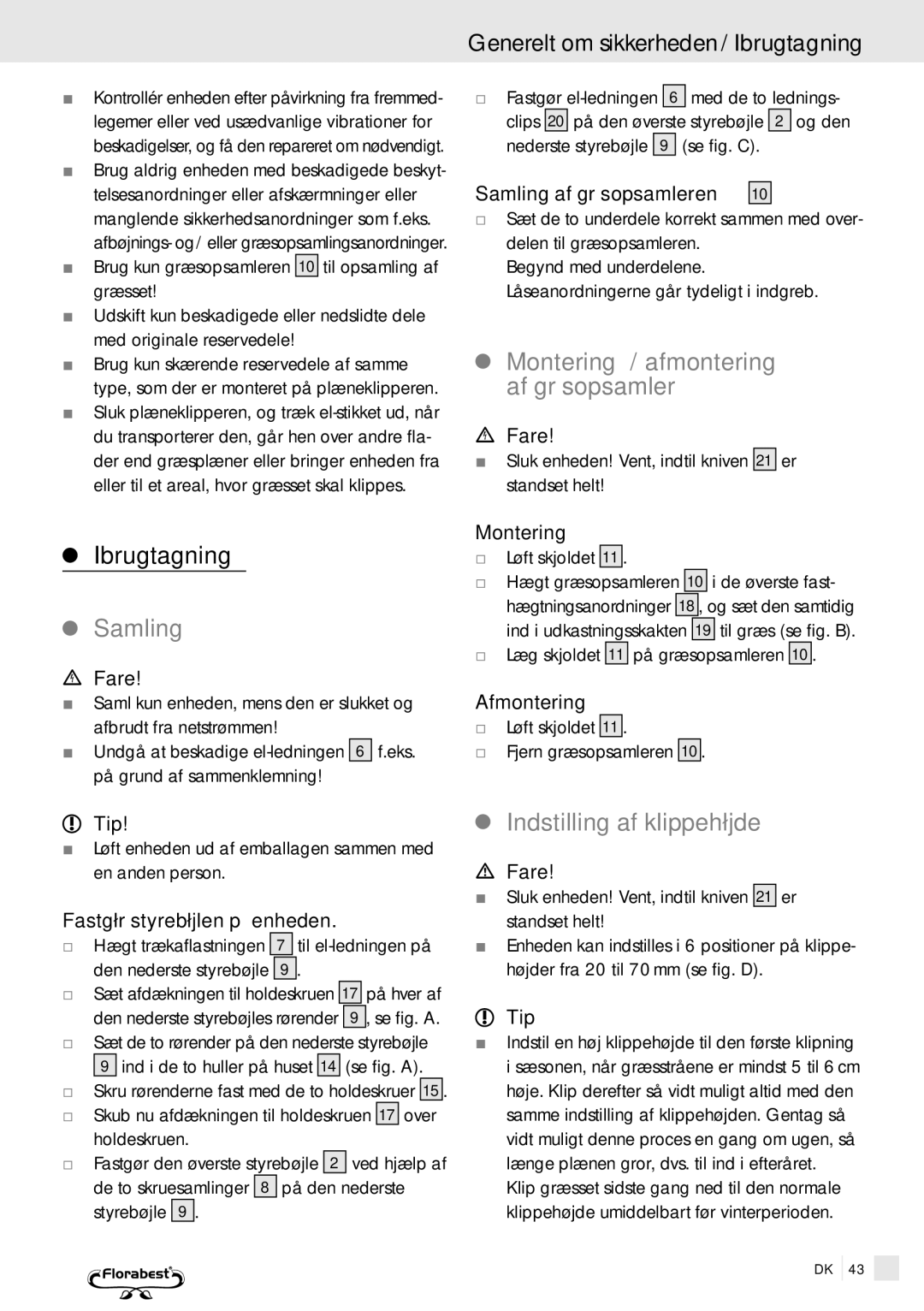 Kompernass FSM R1 manual Generelt om sikkerheden /Ibrugtagning , Samling, Montering / afmontering af græsopsamler 